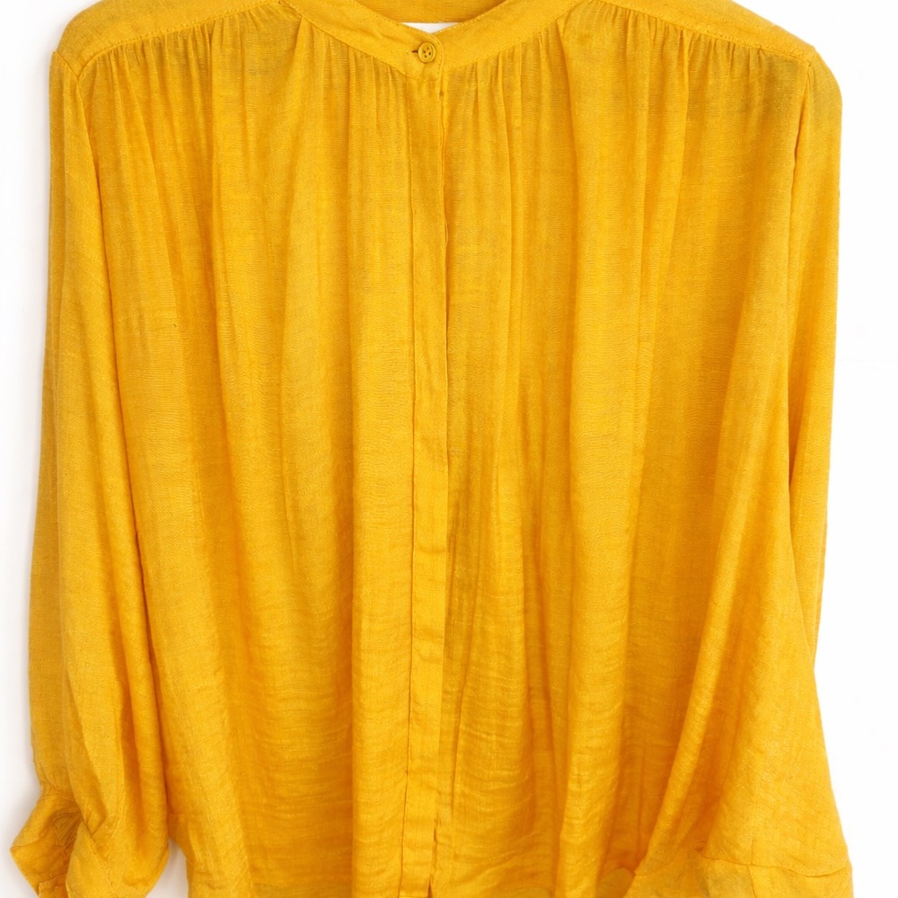 Maeve Anthropologie Mustard Yellow Blouse Women's L Long Sleeve Crinkle Top EUC - Picture 2 of 7